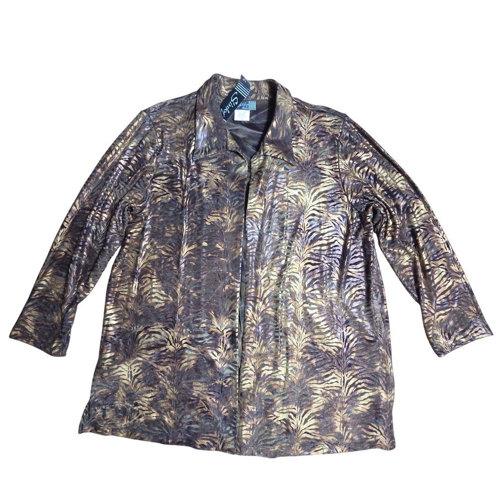Slinky Brand Metallic Tiger Stripe Open Front Jacket 1X USA Made Glam Mob Wife